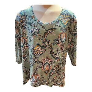 Chico’s Size 3 Green Floral Print Tunic Top Size 3 Loose Fit Stretch Blouse